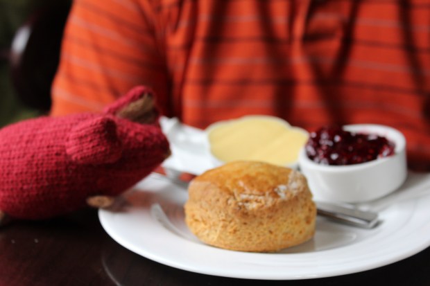 Red knitted mouse on the edge of a plate with a scone, butter, and jam.