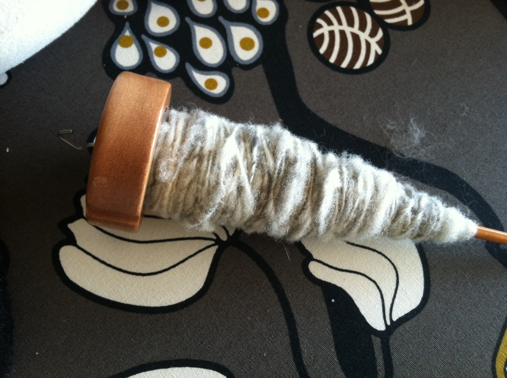 Sheep and cat hair yarn on a drop spindle.