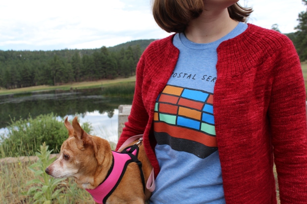 Girl in a red sweater holding a dog
